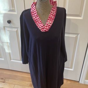 Haley and the Hound navy cashmere pink plaid
 v neck detail tunic style dress
